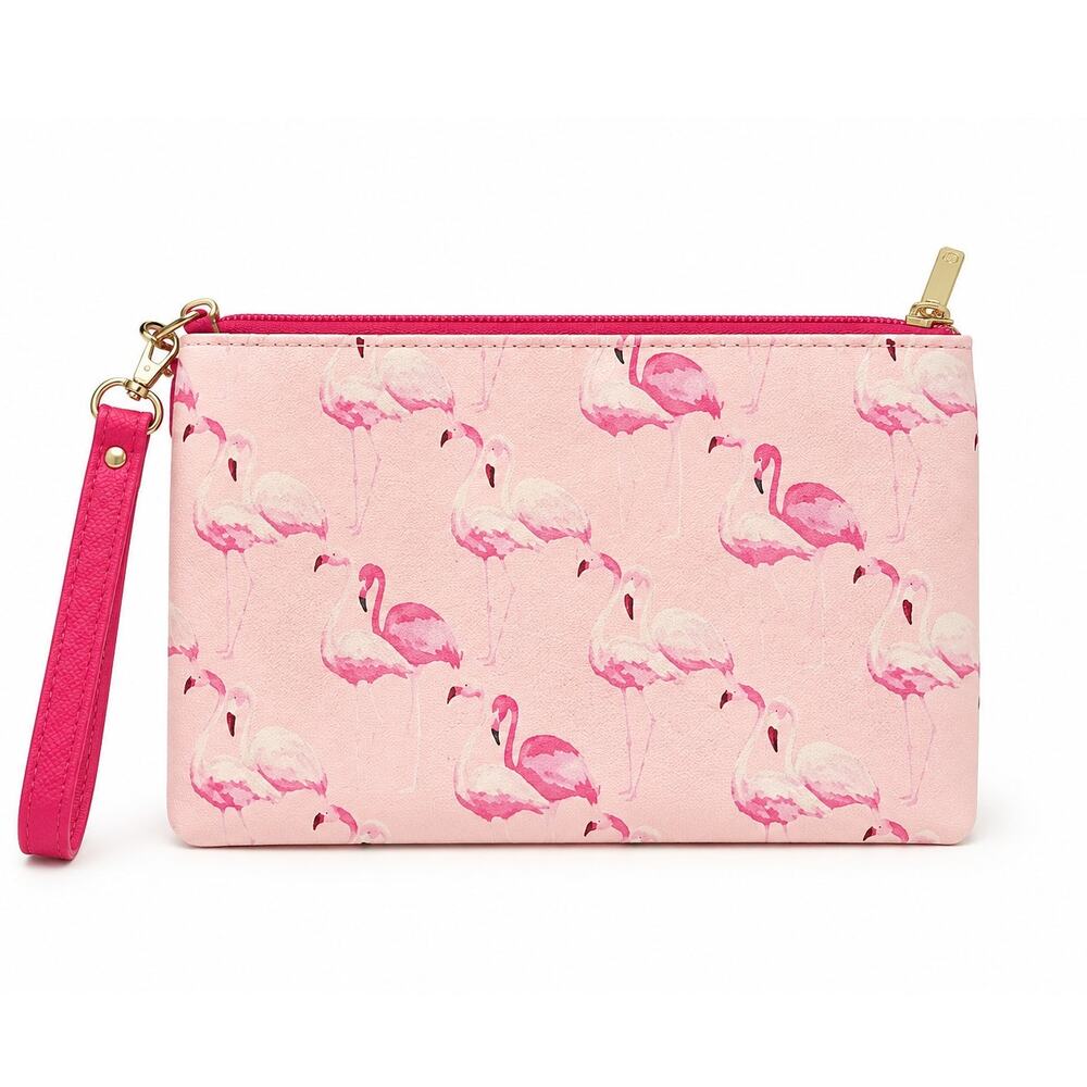 Charming Charlie Flamingo Wristlet Clutch Pink Travel Makeup Cosmetic Pouch